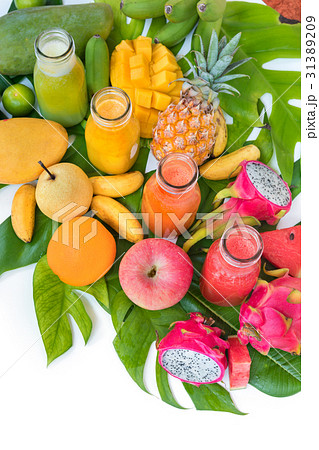 Tropic flat lay top view tropical colorful fruits 31389209