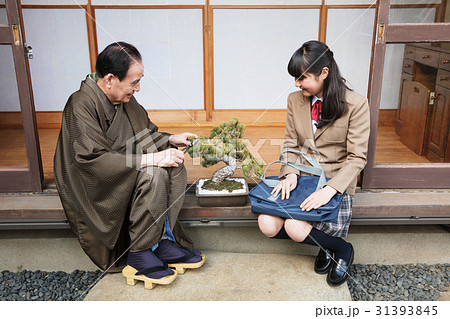 お金持ちの家族　盆栽の手入れ 31393845