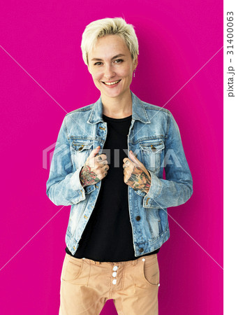 Cuacasian Blonde Woman with Jeans Jacket 31400063