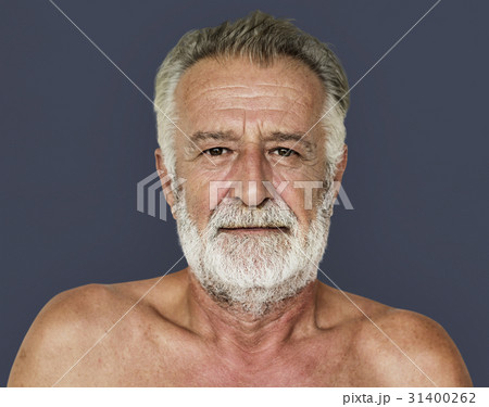 Senior adult man mustache bare chest studio portrait Senior adult man mustache bare chest studio portrait 31400262