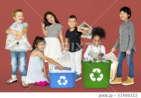 Diverse Group Of Kids Recycling Garbage Diverse Group Of Kids Recycling Garbage 31400322