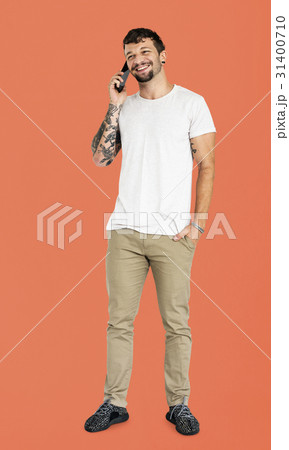 Adult Man Using Talking on Mobile Phone Studio Portrait 31400710