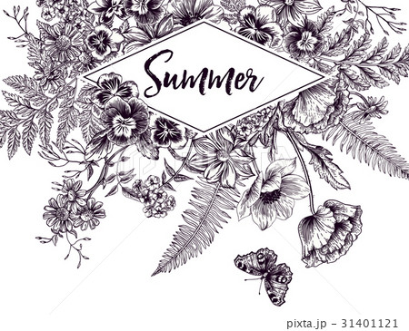 Vintage frame with garden flowers. Engraving. Vintage frame with garden flowers. Engraving. 31401121