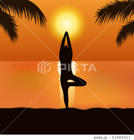 ビーチヨガ ヨガポーズのシルエット ビーチヨガ ヨガポーズのシルエット 31403411