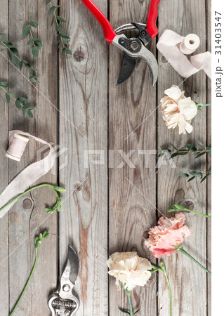 flowers and garden tools. The florist work table 31403547
