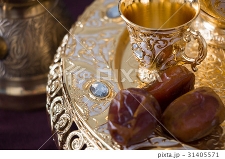 golden arabic coffee set with dallah and dates 31405571