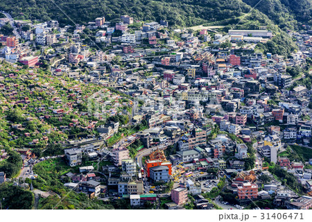 Aerial view of Hillside houses in Jiufen town Aerial view of Hillside houses in Jiufen town 31406471