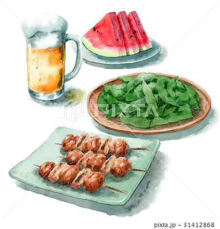 アナログ水彩ジョッキビールと焼き鳥と枝豆とスイカ 31412868