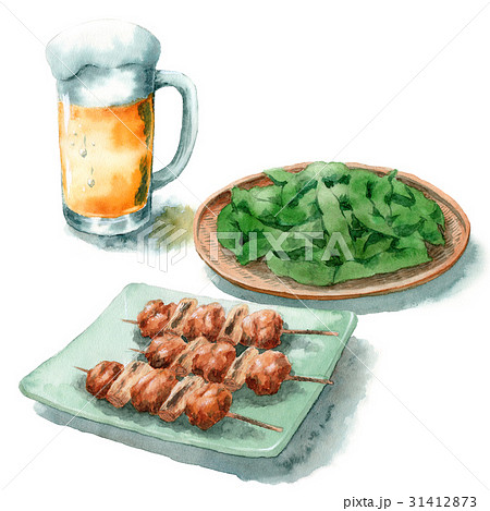 アナログ水彩ジョッキビールと焼き鳥と枝豆 31412873