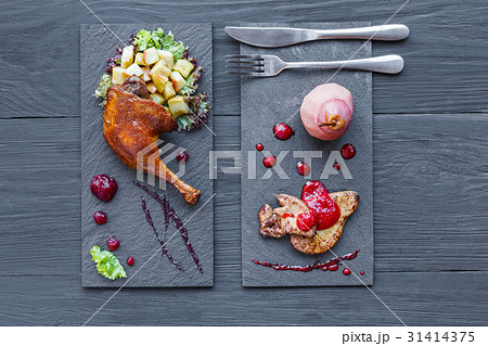Roasted duck leg and foie gras, restaurant food 31414375