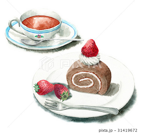 ロールケーキと紅茶のセットのイラスト素材
