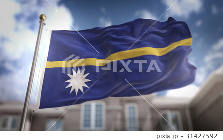 Nauru Flag 3D Rendering on Blue Sky Building 31427592