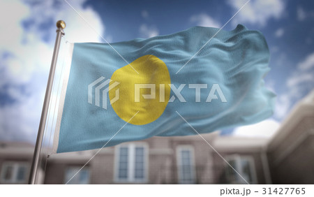 Palau Flag 3D Rendering on Blue Sky Building Palau Flag 3D Rendering on Blue Sky Building 31427765