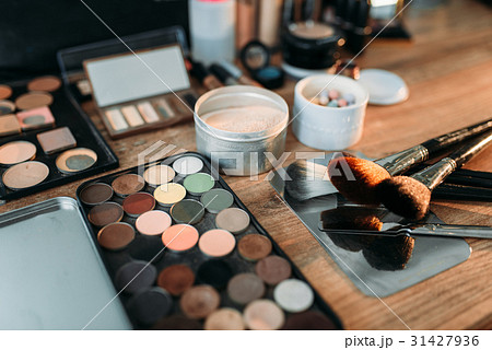 Collection of cosmetology tools on wooden table Collection of cosmetology tools on wooden table 31427936