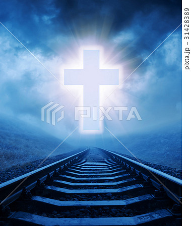 concept of christian cross over railroad in night concept of christian cross over railroad in night 31428389