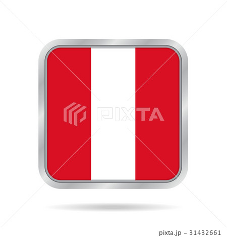 Flag of Peru. Shiny metallic gray square button.