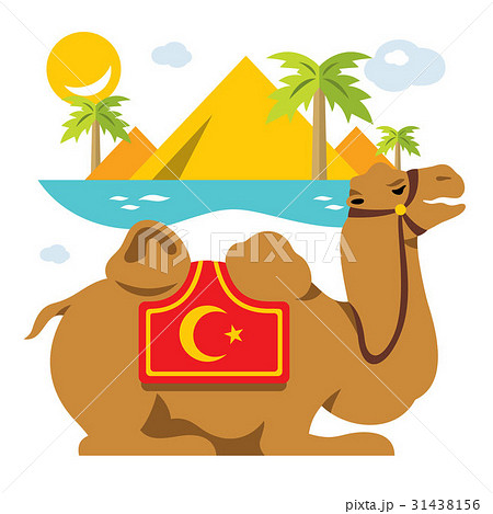Vector Camel And Palms In The Desert Oasisのイラスト素材