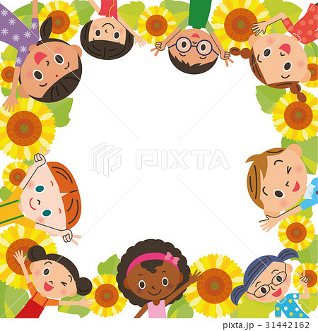 子供達とひまわりのフレームのイラスト素材