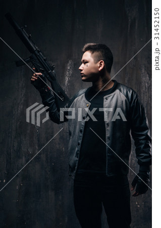 Tattooed killer with sniper rifle in black 31452150