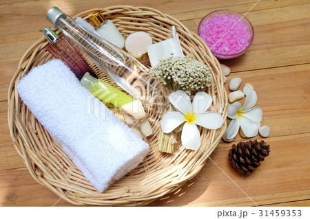 close up of body care cosmetic products on wood. close up of body care cosmetic products on wood. 31459353