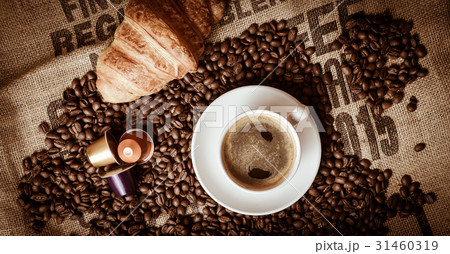 Shot Of Coffee And Croissant On Table 31460319