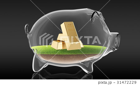 Golden bars inside transparent piggy bank. 3d 31472229