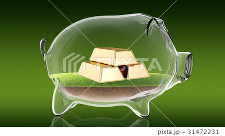 Golden bars inside transparent piggy bank. 3d 31472231