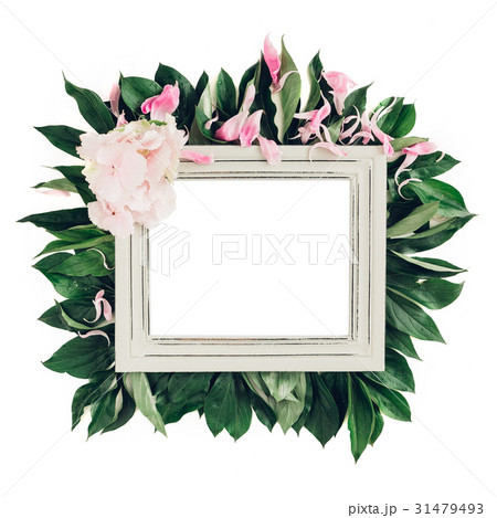 Pastel wooden frame decorated with green leaves Pastel wooden frame decorated with green leaves 31479493