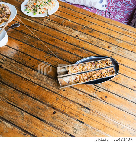 top view of fried rice in bamboo trunk top view of fried rice in bamboo trunk 31481437