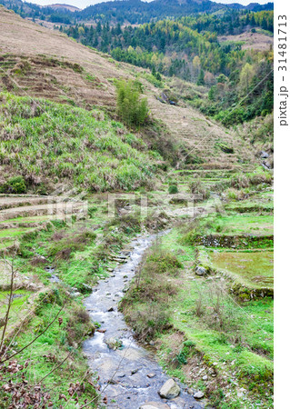 view of terraced gardens and streem in Dazhai view of terraced gardens and streem in Dazhai 31481713