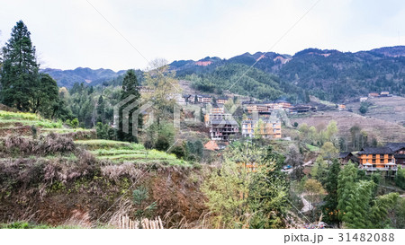 view of Tiantouzhai village in terraced hills 31482088