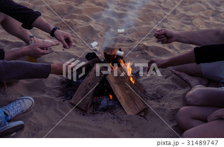 Friends on a wild beach lit a bonfire and fry Friends on a wild beach lit a bonfire and fry 31489747
