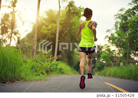 fitness woman runner running on forest trail 31505426