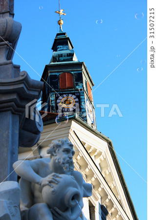 Robba Fountain and clock tower in Ljubljana 31507215