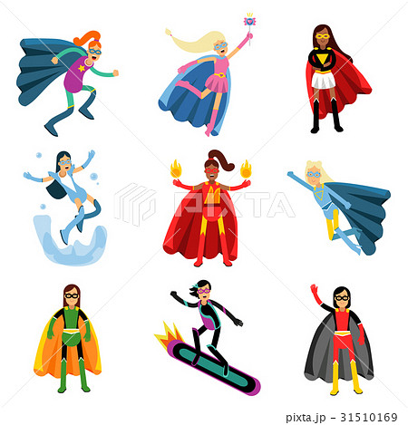 Female Superheroes In Different Costumes Set Ofのイラスト素材