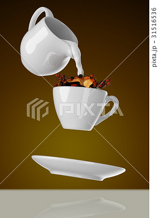 Milk being poured into small cup of coffee. 3d 31516536