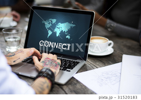 Graphic of global communication connected online community on laptop Graphic of global communication connected online community on laptop 31520183