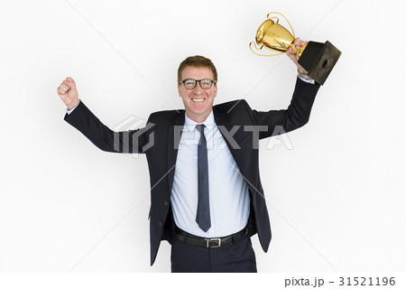 Business Man Holding Trophy Happy 31521196