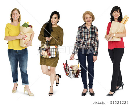 Women Buy Grocery Store Food Basket Studio Portrait Isolated 31521222
