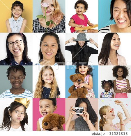 Set of Diversity Women Face Expression Lifestyle Studio Collage 31521358