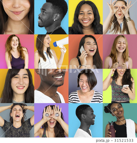 Set of Diversity People Laughing Face Expression Studio Collage 31521533