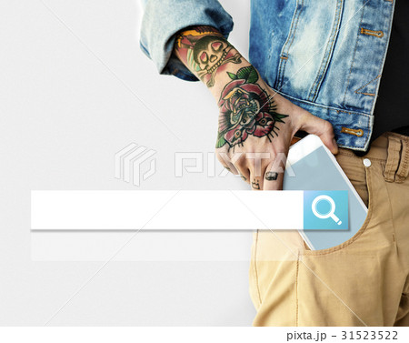 Hand holding digital device network graphic in pocket Hand holding digital device network graphic in pocket 31523522