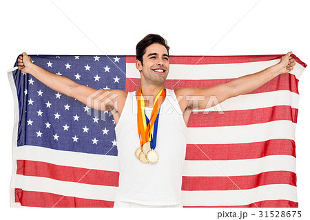 Athlete posing with gold medals after victory Athlete posing with gold medals after victory 31528675