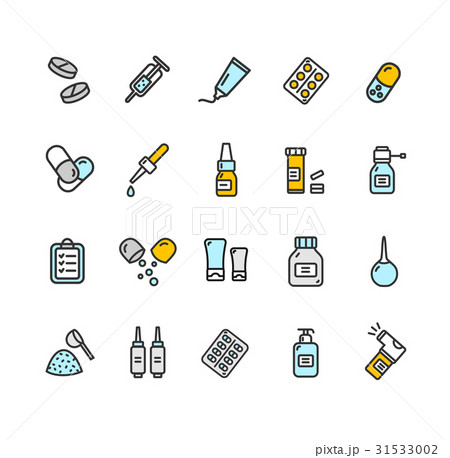 Pills Related Medical Color Thin Line Icon Set 31533002