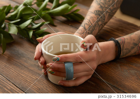 Female hands holding coffee cup Female hands holding coffee cup 31534696