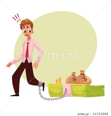 Man with leg chained to bundle of banknotes, money 31535666