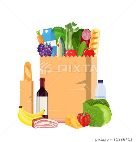 Paper shopping bag full of groceries products. Paper shopping bag full of groceries products. 31536412