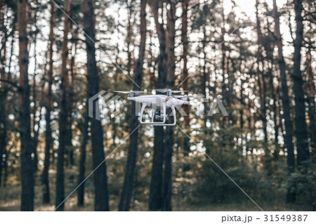 Hovering drone taking pictures in forest Hovering drone taking pictures in forest 31549387