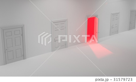 Shining red light behind a white door in hallway 31579723