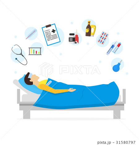 Cartoon Sick Man in Bed and Element Set. Vector Cartoon Sick Man in Bed and Element Set. Vector 31580797